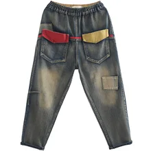 OMIKRON новые модные женские винтажные повседневные свободные шаровары винтажные красные желтые Лоскутные крест хлопковые джинсовые брюки джинсы