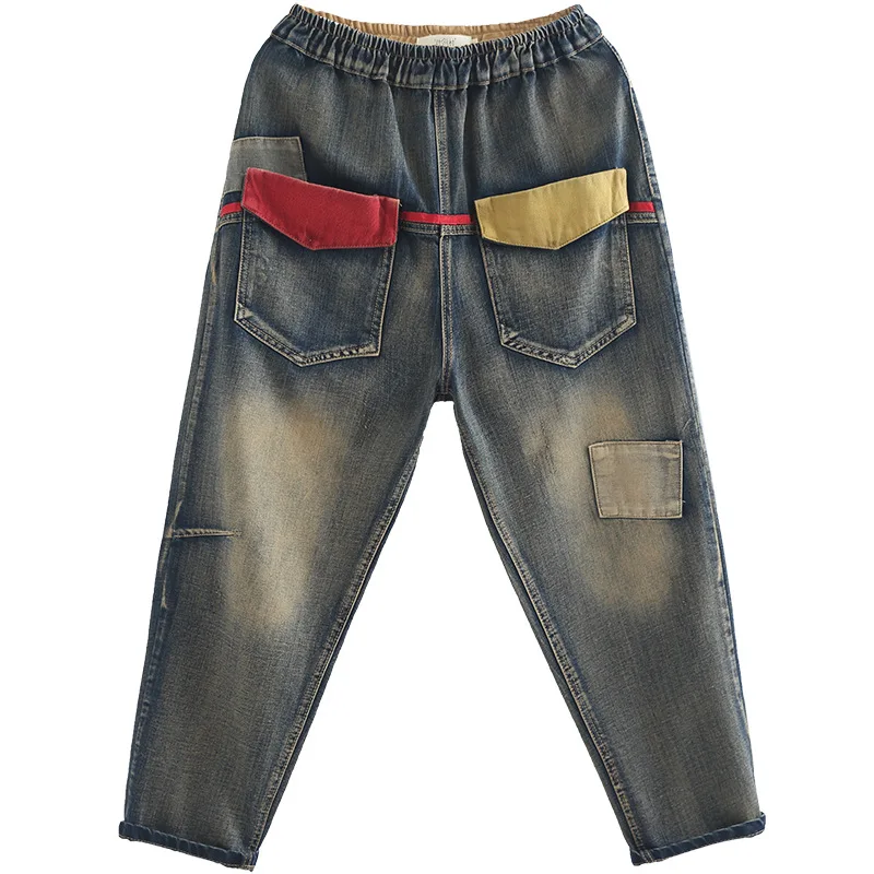 

OMIKRON New Fashion Women Vintage Casual Loose Harem Pants Vintage Red Yellow Patchwork Cross Cotton Denim Trousers Jeans
