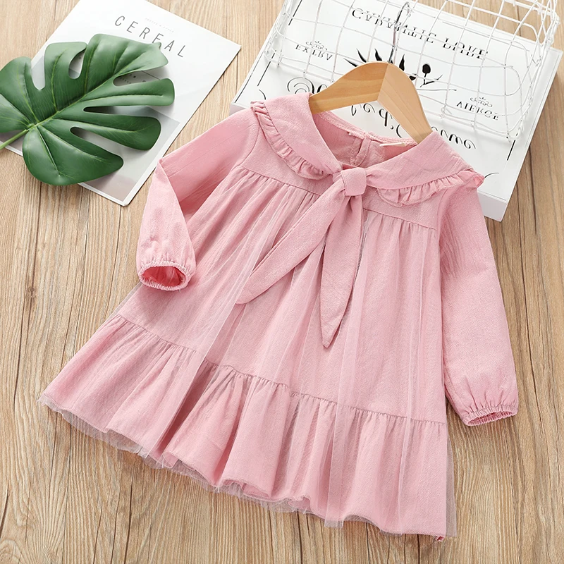 Sifafos/платье для маленьких девочек милые осенние детские платья с длинными рукавами и воротником «Питер Пэн» vestidos, детская одежда милые платья для девочек - Цвет: pink