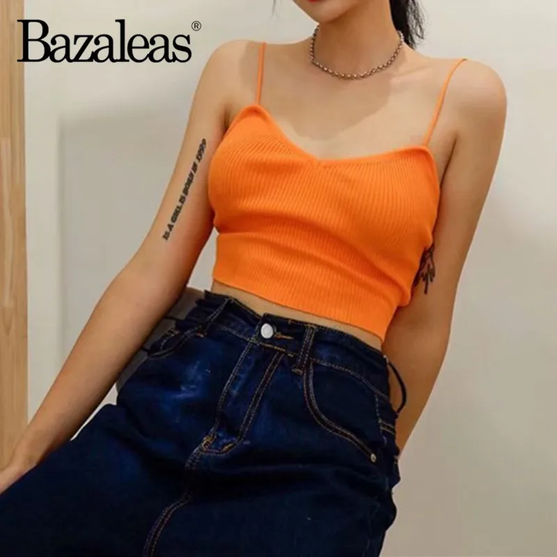 

Bazaleas Sexy Knitted Orange Tube top Retro Spaghetti women Camis Streetwear Women Camis Fashion Crop Tops drop shipping