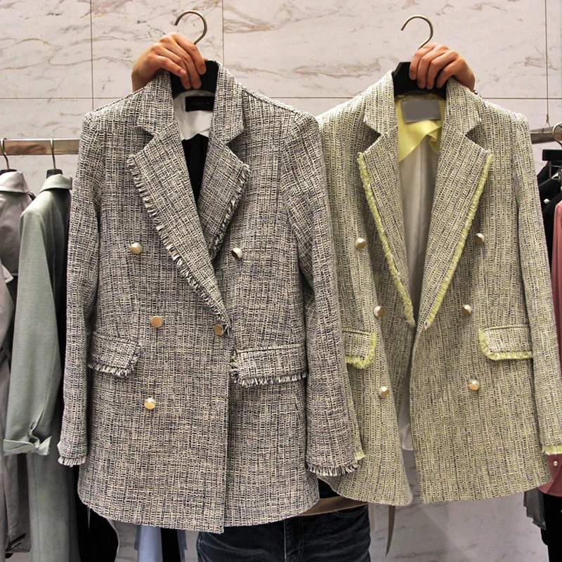 2020 Autumn Winter Vintage Plaid Tweed Blazers Jacket Women Korean Fashion Tassel Suit Coat Outwear Tops