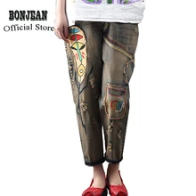 Джинсы, джинсовые штаны, свободные штаны для женщин, с вышивкой лица, большие размеры, больше размера d, Ретро стиль, модные, повседневные, американский 180018