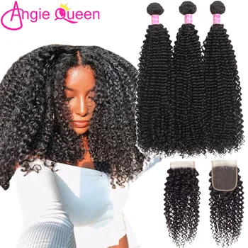 

ANGIE QUEEN Indian Hair Kinky Curly non remy Hair Bundles With Closure 3 Hair Bundles With 4*4 Lace Closure Remy Hair 1b
