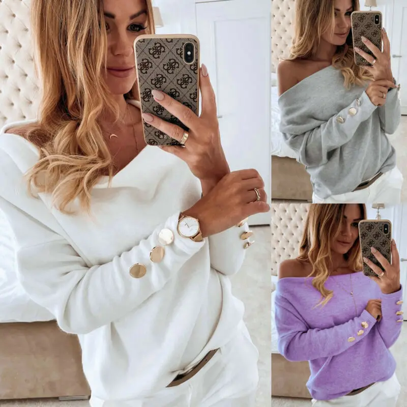 

2019 New Fashion Women's Off-Shoulder Long Sleeve Loose Casual Blouse Solid Color Button Sexy Slash Neck Party Club Shirts