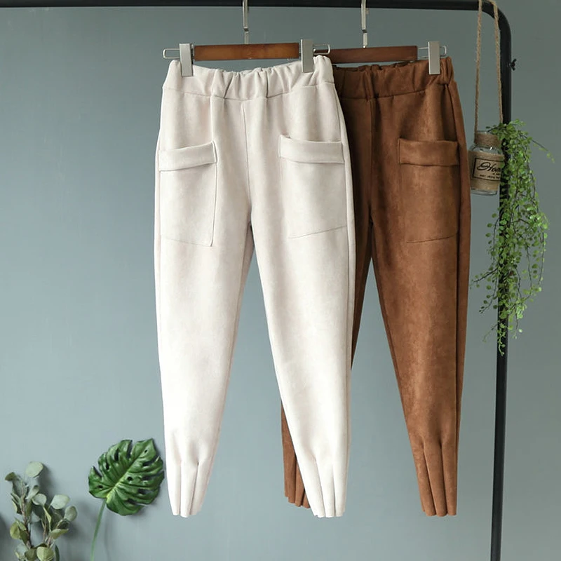 Высокое качество осень-зима замшевые брюки с высокой талией, для девочек с большими карманами, штаны для женщин Harajuku плюс размер шаровары Штаны pantalon femme