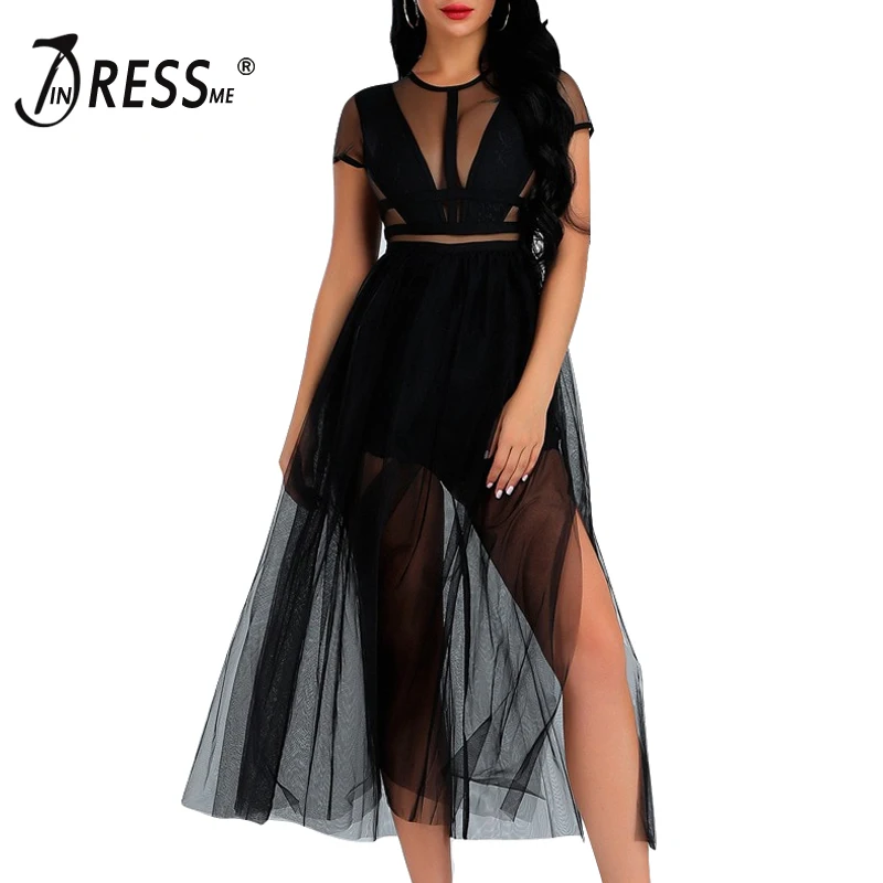 INDRESSME 2019 Новое сексуальное Сетчатое черное бальное платье на бретельках с