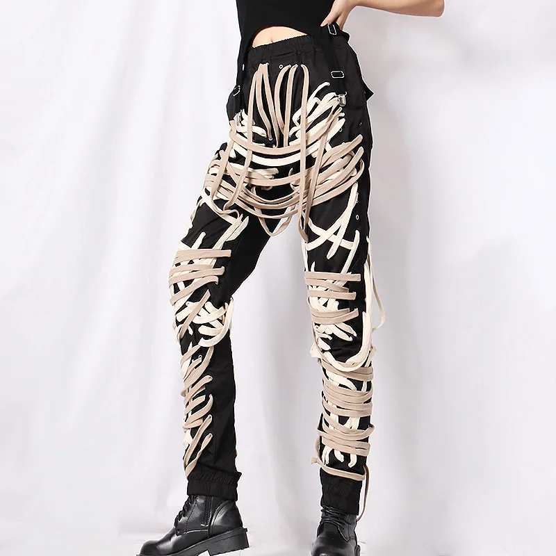 Calças de Rua Femininas e Único Deat Outono Elástico Drawstring Cross Comprimento Total Magro Pés Alta Calças Breasted Jaqueta 2021 6 Cheap Calças e capris