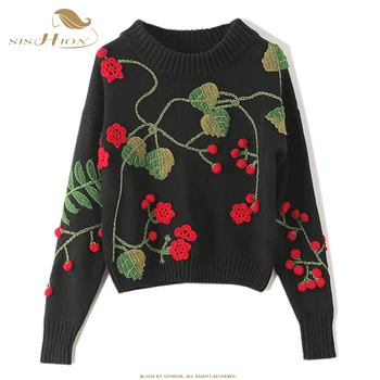 

SISHION Sweater Women Crochet Flower Embroidery Pullover VD1303 Long Sleeve Floral Warm Black White Knitted Sweater