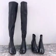PXELENA/осенние дизайнерские женские Сапоги выше колена Tabi Ninja; эластичные кожаные сапоги до бедра без шнуровки; облегающая обувь на низком каблуке