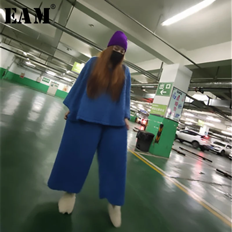 

[EAM] Wide Leg Pants Big Size Two Piece Suit New Round Neck Long Sleeve Blue Loose Fit Women Fashion Spring Autumn 2019 1B857