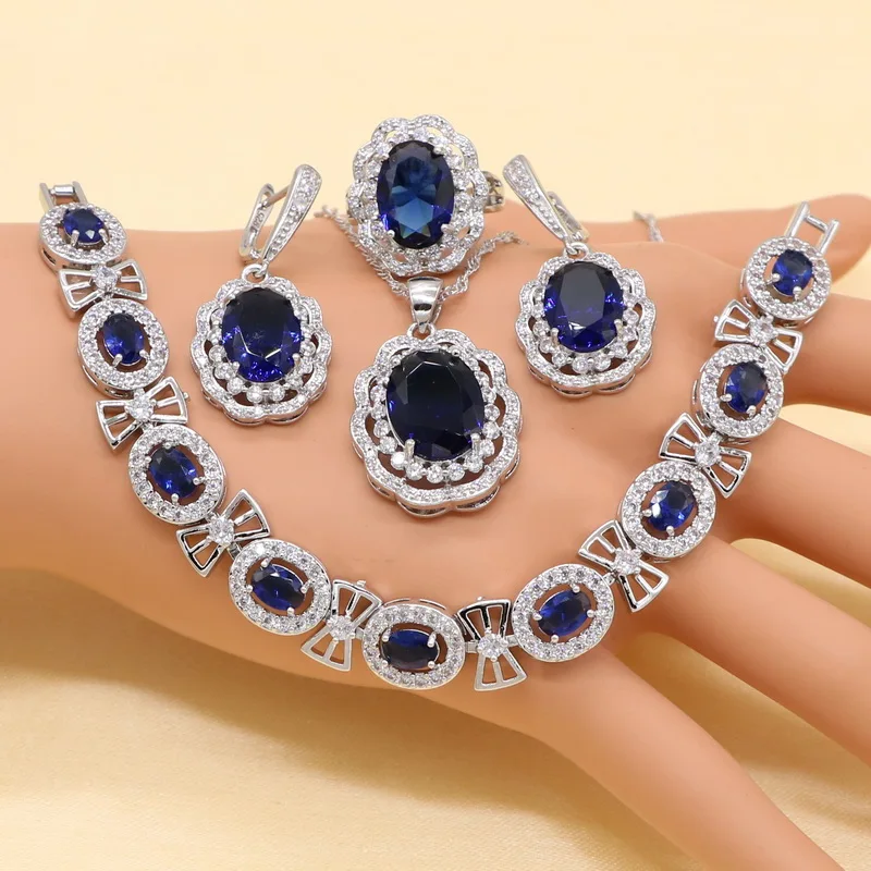 Xutaayi Blue Crystal Sterling Silver Bridal Jewelry Sets For Women Necklace Pendant Bracelets