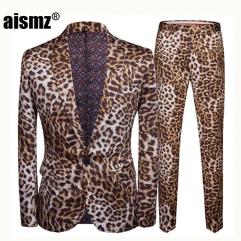 

Aismz Tide Men Plus Size DJ Night Club Leopard Print 2 Pieces Set Mens Suits With Pants Stage Singers Costume Casual Suit