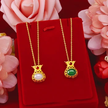

Fashion 14k Gold Pendant Necklace for Women's Wedding Engagement Jewelry Jade Gemstone Lucky Money Bag Clavicle Necklace Chain