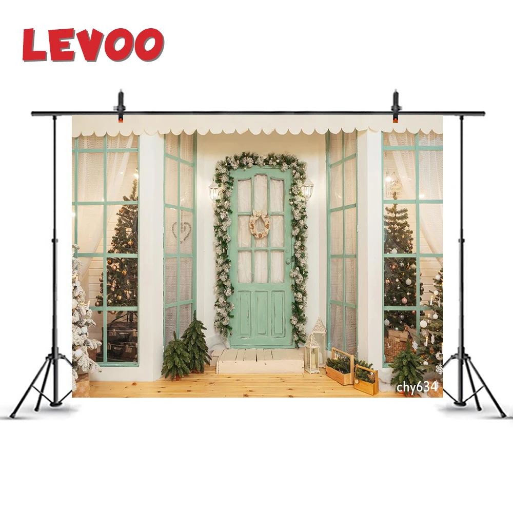 

LEVOO Christmas Photography Backdrop Porch Green Door Garlands Christmas Tree Photo Background Photocall Photographic Background