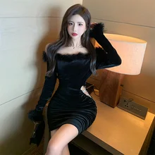 

New style lusty sexy one-word neck stitching hairy slim slimming waist bag hip dress