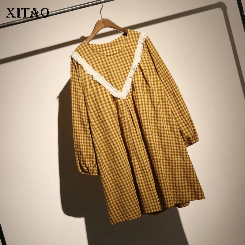 XITAO Tassel Pleated Mini Dress Women Clothes 2019 O Neck Patchwork Plaid Korea Lace Casual Summer Vintage Fashion LJT3842 | Женская