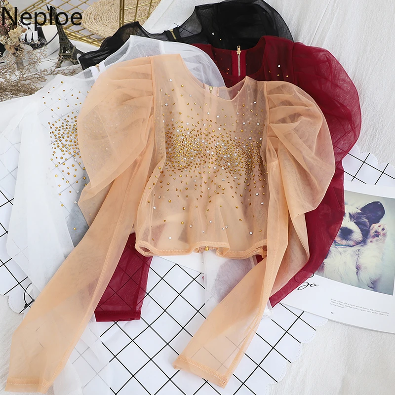 

Neploe Diamonds Women Blouses Spring Summer 2020 Fashion O Neck Puff Sleeve Shirts Sexy Transparent Female Short Tops 80689