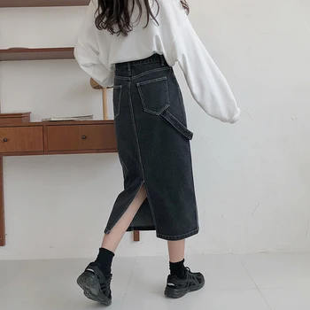 

Pencil Denim Skirts Women Split Lace Up Design Vintage Korean Long Midi Skirts Bodycorn Jeans Skirt Plus Size Casual 2020 W382