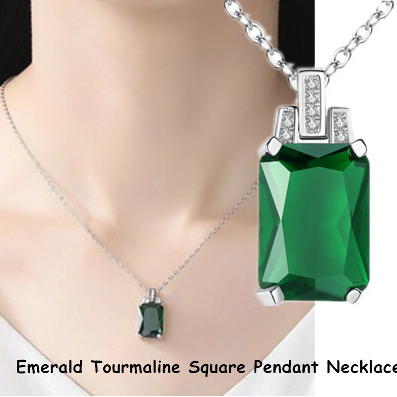 New Green Emerald Pendant Tourmaline Korean Version With Stainless Steel Square Jewelry Accessories Present Necklaces | Украшения и