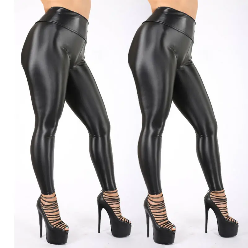 Women Black PU Legging Shiny Bling Faux Patent Leather Stretch Elastic Leggings High Waist Pants Slim Trousers