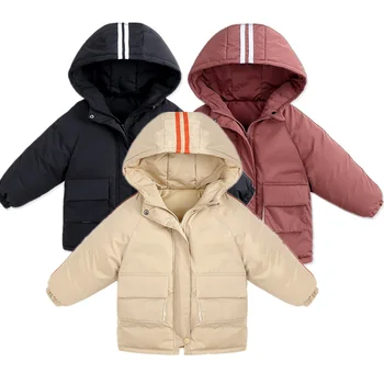 

White Duck Down Jacket for Winter Kids Thicken Hooded Warm Coat Fashion Boys Girls Striped Pocket Outerwear Children's Clothes