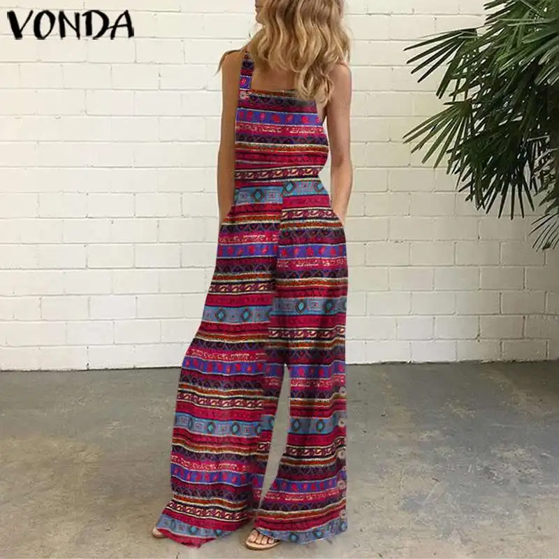 

Casual Rompers VONDA Sexy Sleeveless Wide Leg Jumpsuits Loose Cotton Striped Overalls Dungarees Plus Size OL Office Pantalones