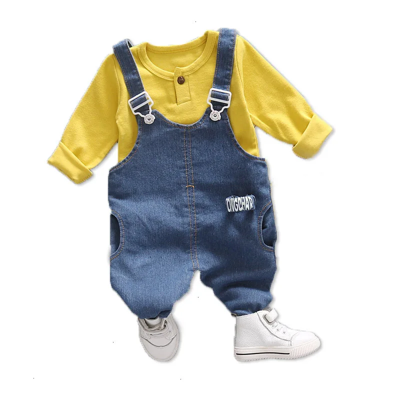 Весенне-осенний комплект детской одежды для мальчиков, спортивные костюмы для детей, Модная хлопковая Однотонная футболка+ комбинезон для мальчиков комплект из 2 предметов