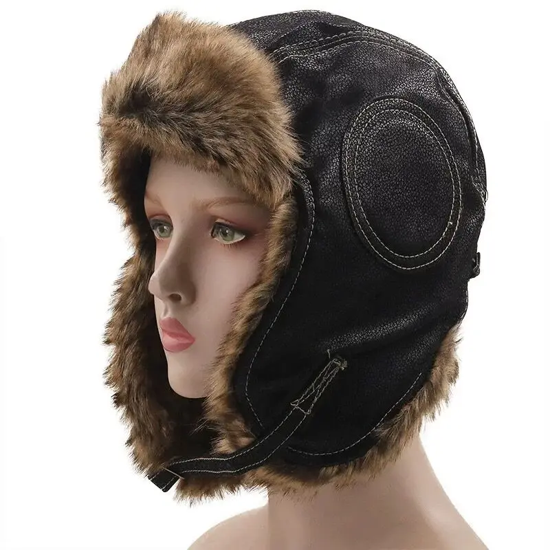 Earflap Ushanka Warm Fur Hat Leather Army Helmet Bomber Men Trapper Pilot Aviator Costume Cap With Goggle Soviet For Women thermal aviator bomber hat