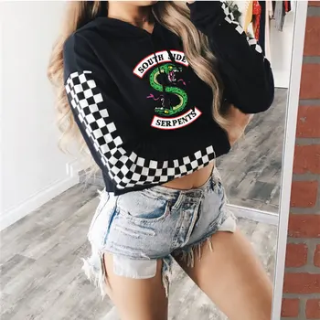

FRDUN TOMMY Riverdale sexy Women Fashion style Tide Long-Sleeved Print Hooded Women Pullover Sweatshirts Short Crop Top