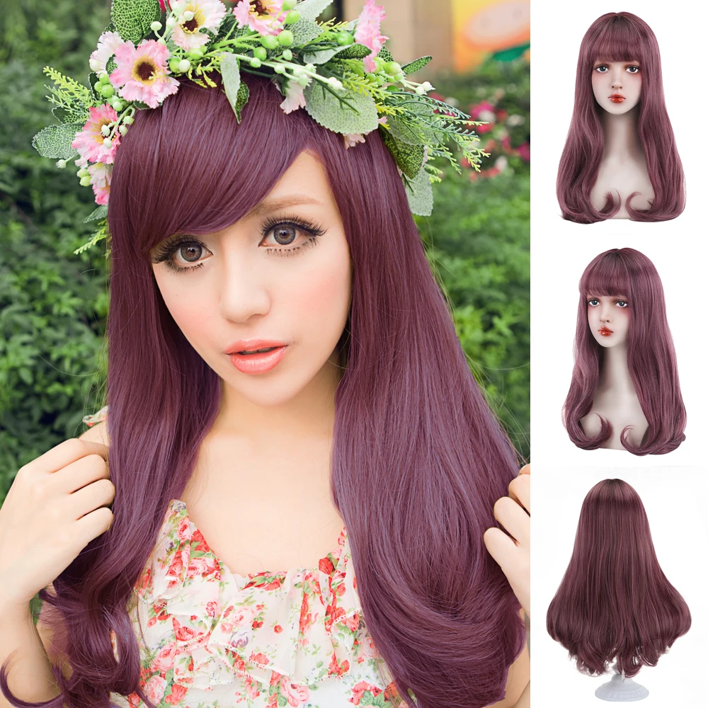 

Long Wavy Synthetic Strawberry Blonde Ashy Chestnut Reddish Brown Auburn Hair Wigs with Side Bangs for Women Lolita Cosplay