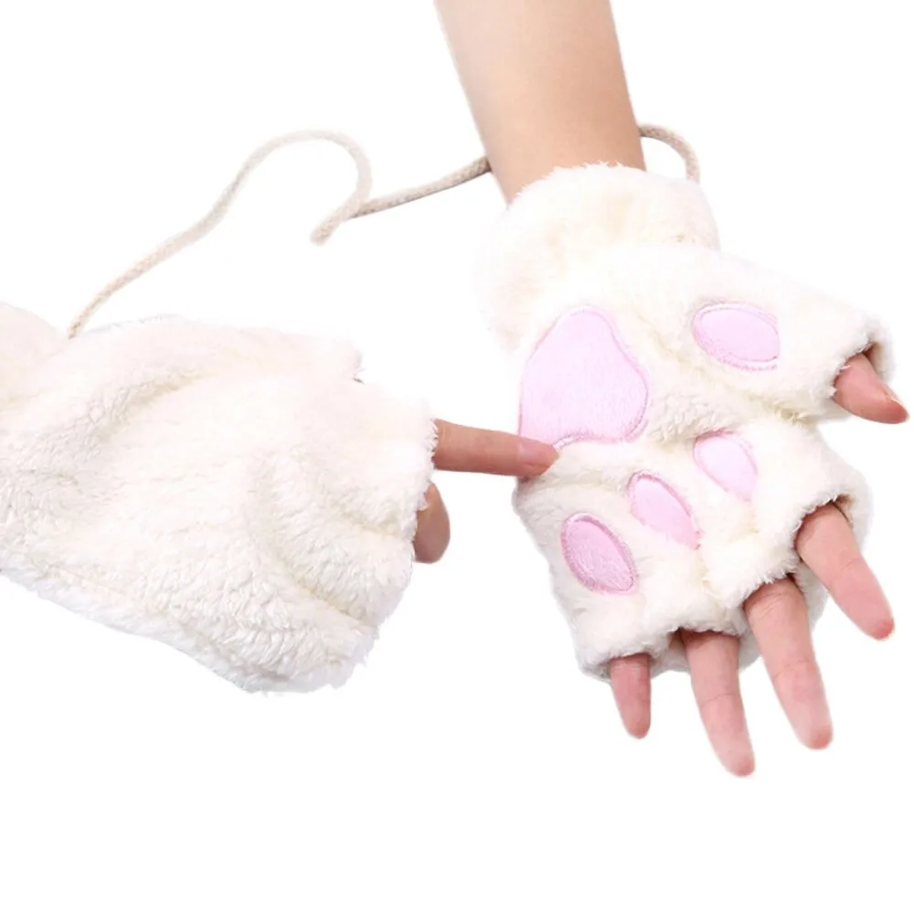 Женские с бархатом утепленные полуперчатки флип теплые перчатки Милая кошачья лапа плюшевые варежки мягкие перчатки без пальцев - Цвет: White