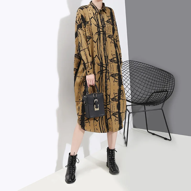 

MEVGOHOT 2019 Autumn New Woman Plus Size Loose Retro Dress Print Long Sleeve Autumn Streetwear Shirt Dress Femme Vestido HW0015