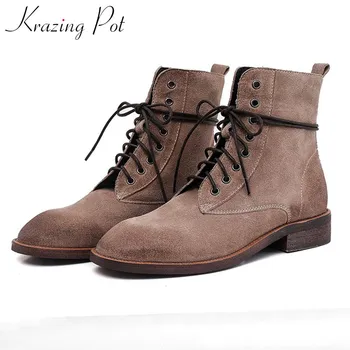 

krazing pot vintage British school style cow leather boots round toe med heels lace up keep warm women fashion ankle boots L12