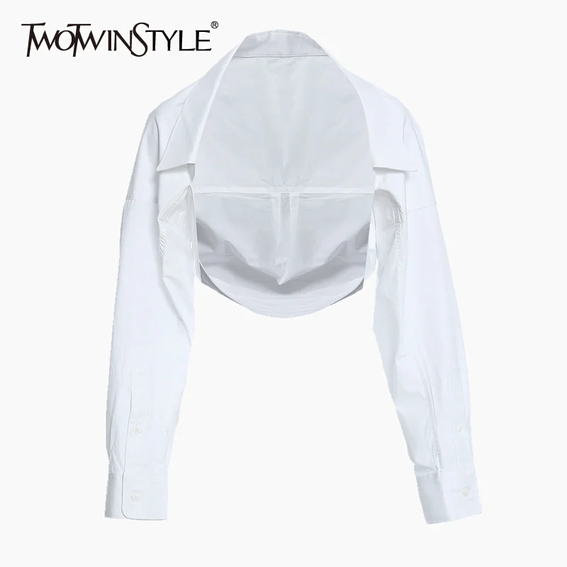 TWOTWINSTYLE Casual White Women Shirt Lapel Long Sleeve Minimalist Irregular Short Blouse Female 2020 Summer Fashion New Style TWOTWINSTYLE Casual White Women Shirt Lapel Long Sleeve Minimalist Irregular Short Blouse Female 2020 Summer Fashion New Style