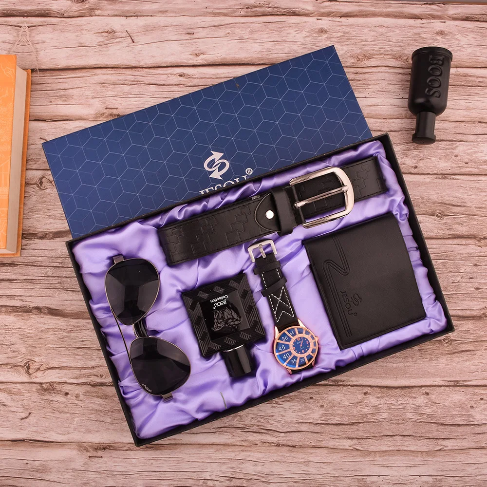 Men Gift Set Beautifully Wrapped Belt Watch + Sunglasses Wallet perfume bottle Box (6PCS) | Наручные часы