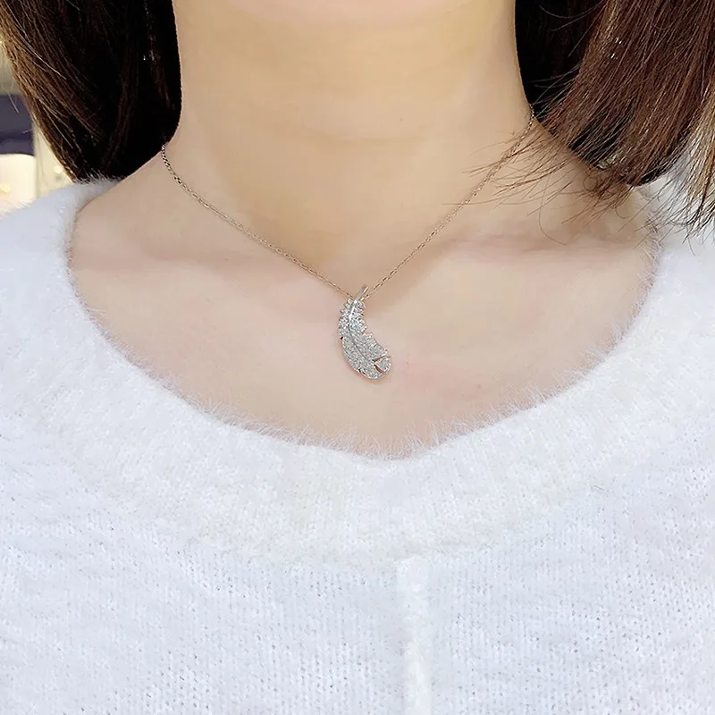 

925 Silver Shih Nice Feather Element Necklace Women's Bright Pleasing Stacked Design Pendant Choker