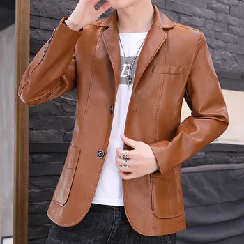 

2020 Men Spring New Style PU Leather Fold-down Collar Leather Coat Youth Casual Business Suit Collar Two-Button Leather Jacket
