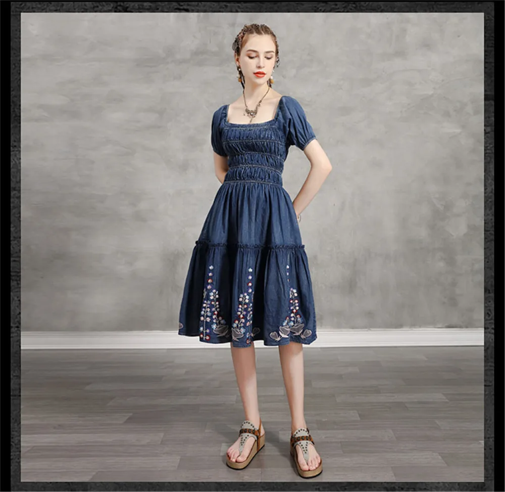 Summer Denim Dress 2020 Vintage Women Square Collar Dresses Short Sleeve Embroidery Elastic Waist Vestidos K82237 Girl's DRESS (9)