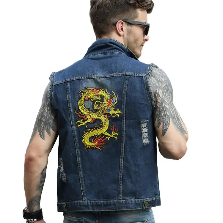 Idopy Men`s Cool Denim Vest Dragon Embroidery Ripped Sleeveless Jeans