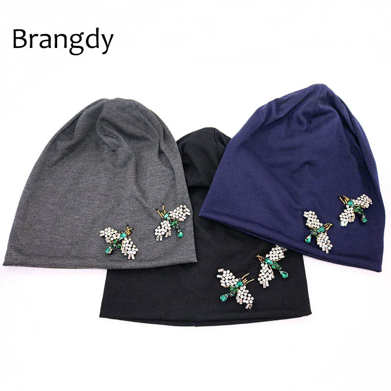 Women Slouch Crystal Plain Cotton Beanies For Autumn Spring 2020 New Ladies Black Animal Skullies Hats Oversize Femme Bonnet Cap |