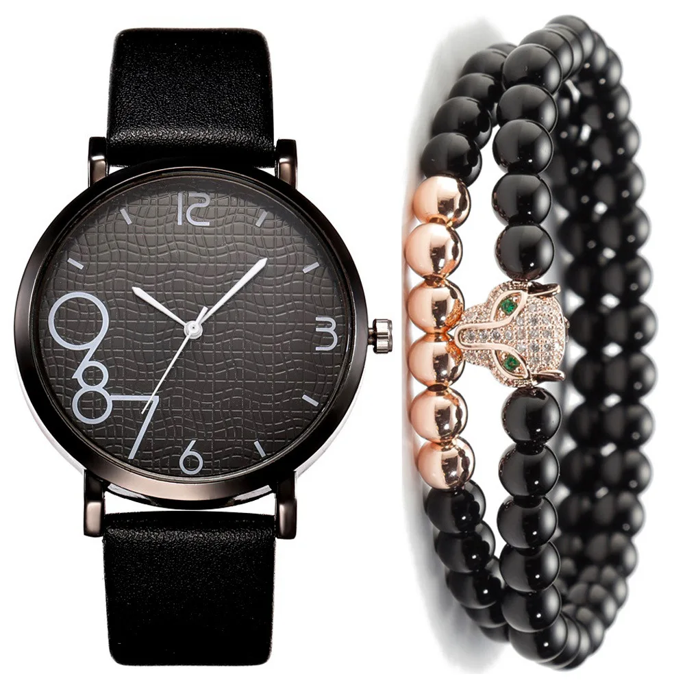 

Men Fashion Simple Leather Belt Quartz Watch + Bracelet Set (3pcs/set) Watches for Men