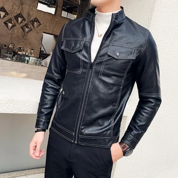 

Black Mens PU Coat S-3XL Fashion Men Motorcycle Jacket Autumn Casual Faux Leather Coats mens