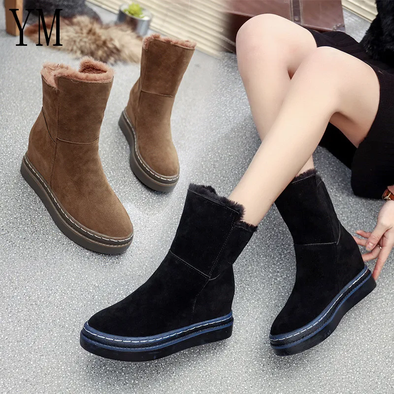 Genuine leather Increasing Fur Snow boots Wedge women Top High quality Boots Winter Boots for women Warm Botas Mujer 35-39
