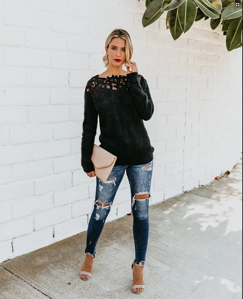 Hot 2019 autumn and winter new fashion women's solid color long-sleeved lace Flower stitching round neck wild cashmere sweater Hot 2019 autumn and winter new fashion women's solid color long-sleeved lace Flower stitching round neck wild cashmere sweater