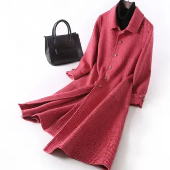 

Women 2020 Autumn Winter Elegant Plaid Double Sided Cashmere Wool Coat Female Lapel Casual Long Jacket New Woolen Outerwear T147