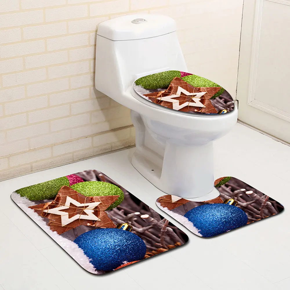 3Pcs/Set Christmas Bathroom Mat Carpet Toilet Cover Rug 3D Pattern Decoration