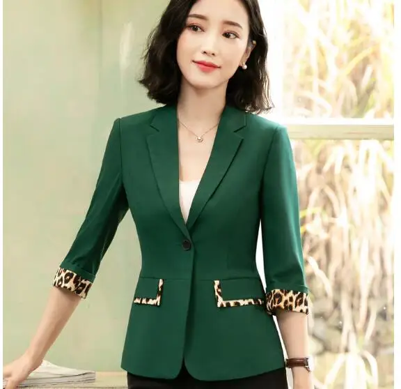 green jacket Леопардовый Плетеный Блейзер женская летняя официальная куртка с укороченным рукавом Офисная Женская Плюс Размер Повседневная куртка женские костюмы черный - Цвет: green jacket