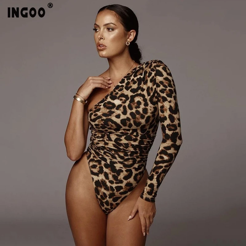 INGOO, сексуальное леопардовое Женское боди на одно плечо, модное облегающее боди с открытой промежностью и длинным рукавом, обтягивающее боди, Женский Топ