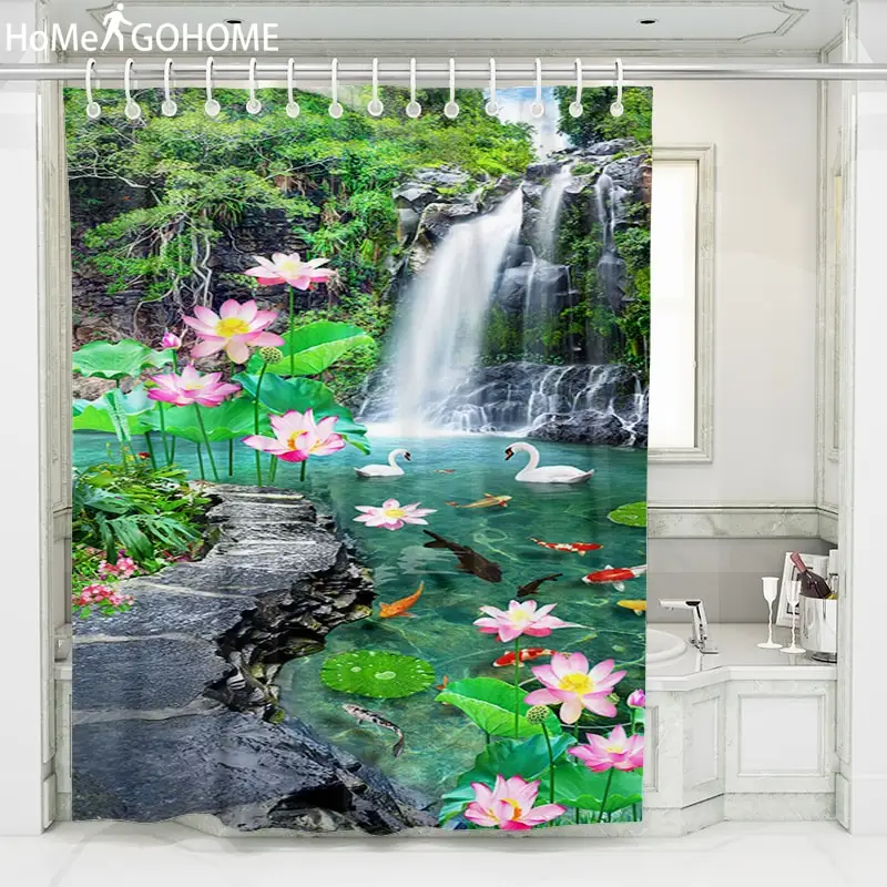 Водопад пейзаж с лотосами занавеска для душа 3D американская занавеска для душа s экран для ванной моющаяся водонепроницаемая ткань занавеска для ванной - Цвет: sp118-079