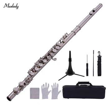 

Muslady 16-Hole Flute C Key Cupronickel Material Silver Plated Wind Instrument with Flute Stand Cleaning Cloth Gloves Case